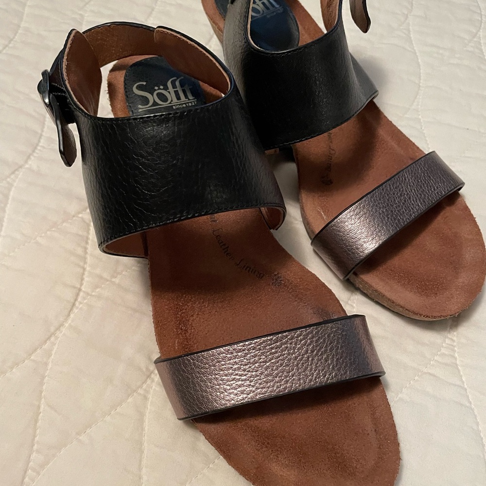 Women’s Leather Wedge Sandals. Size 7M. Black and metallic pewter.